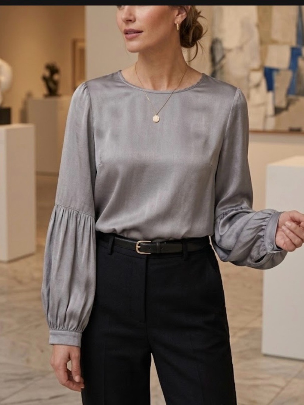 LACAUSA Silver Satin Balloon-Sleeve Blouse